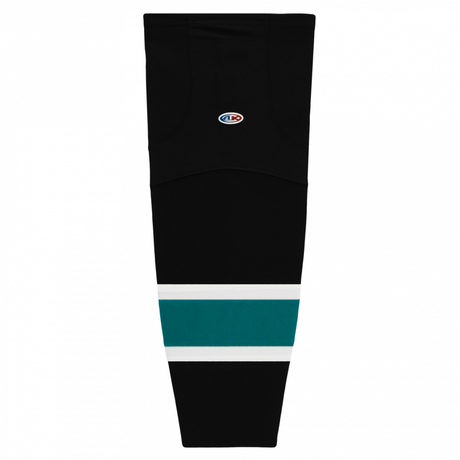 Black hockey sock with teal and white stripes on a white background