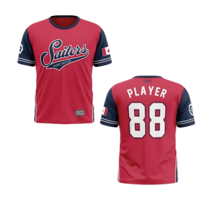 Red and navy baseball jersey with 'Sailors' logo and 'Player 88' on a white background