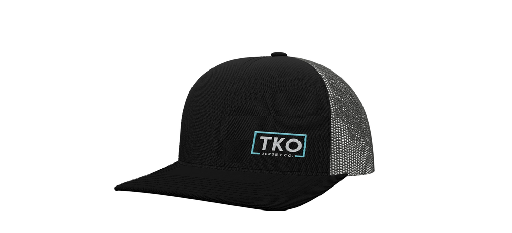Black and gray mesh cap with 'TKO' logo on a white background