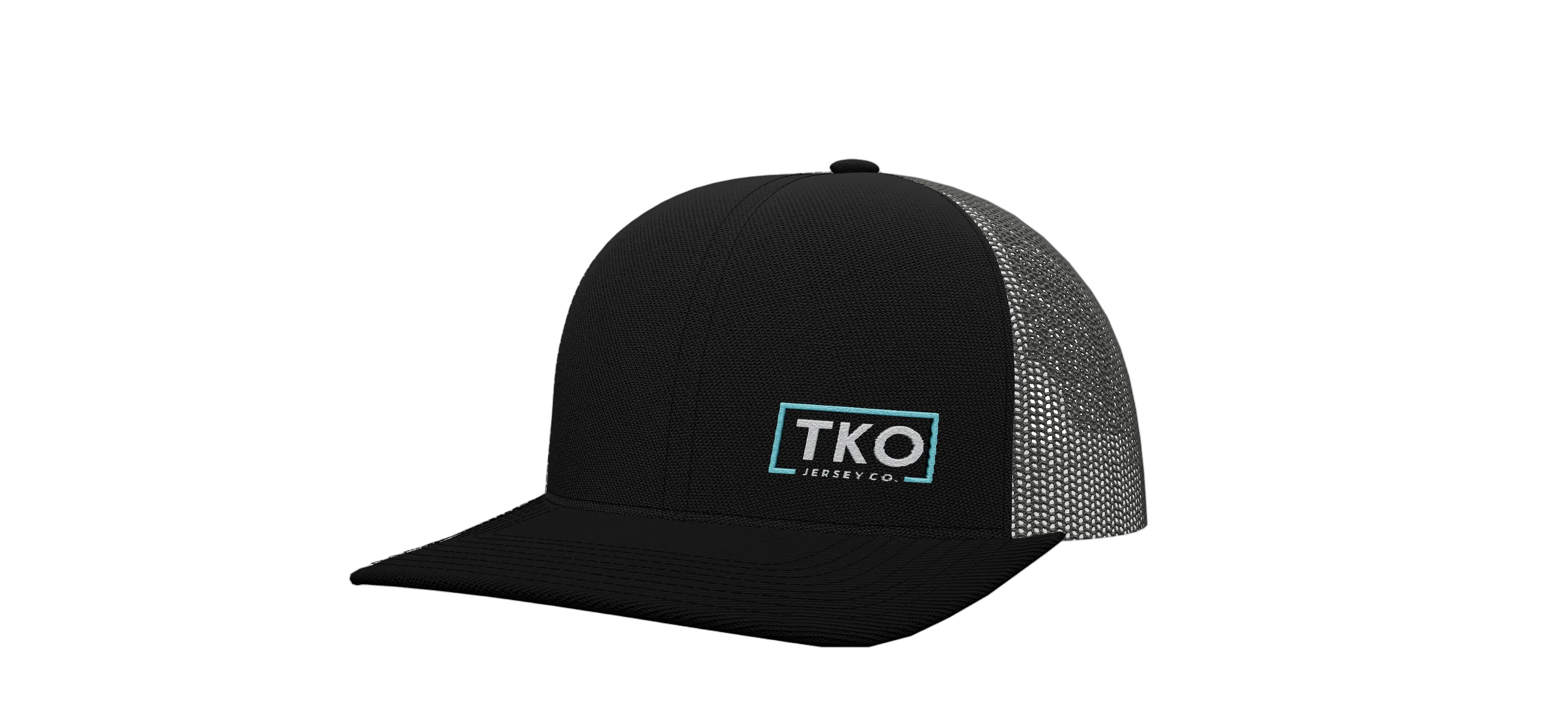 Black and gray mesh cap with 'TKO' logo on a white background