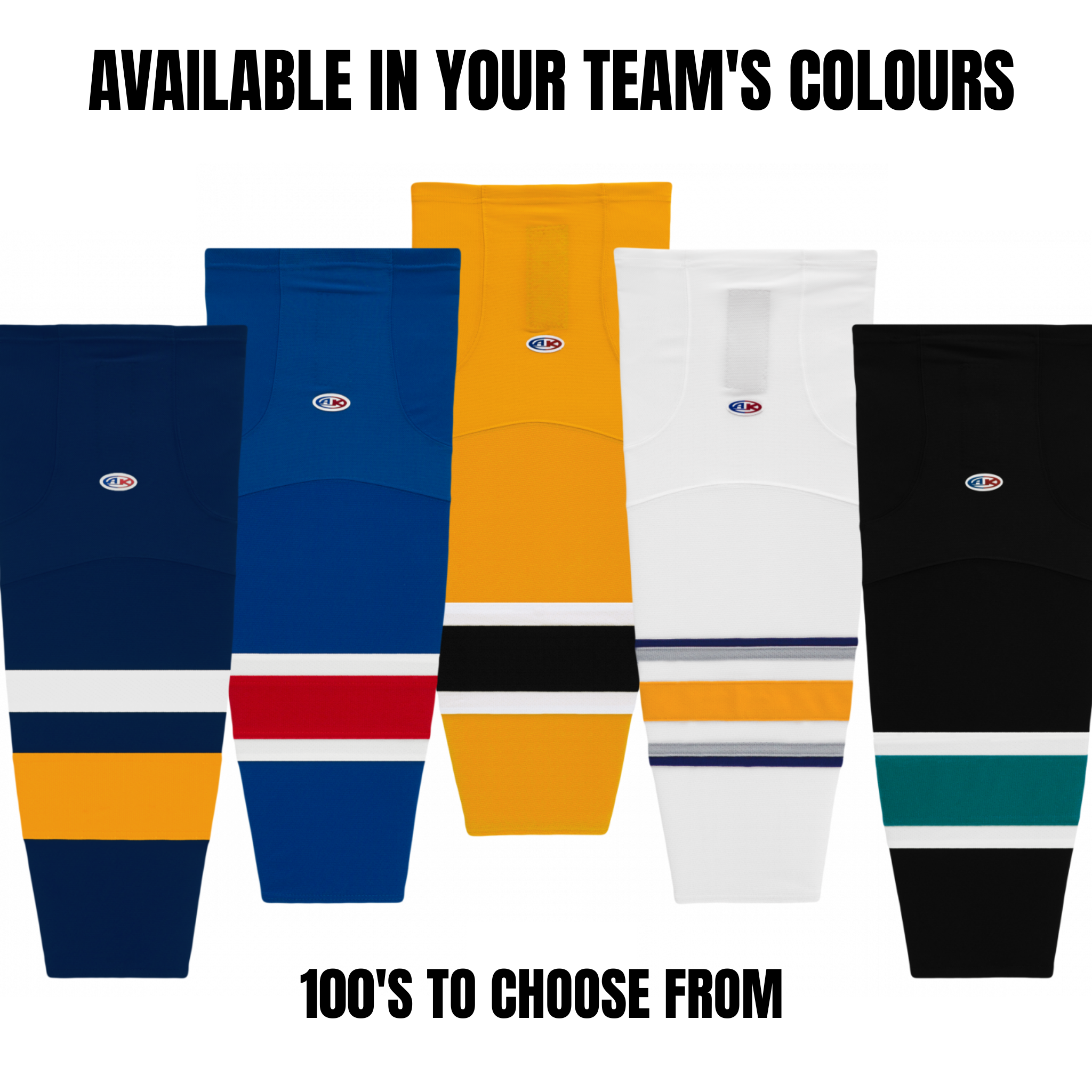 Colorful hockey socks with team logo and text 'Available in your team's colours' on a white background.