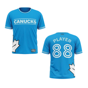 Blue sports jersey with 'Canucks' text and 'Player 88' on a white background