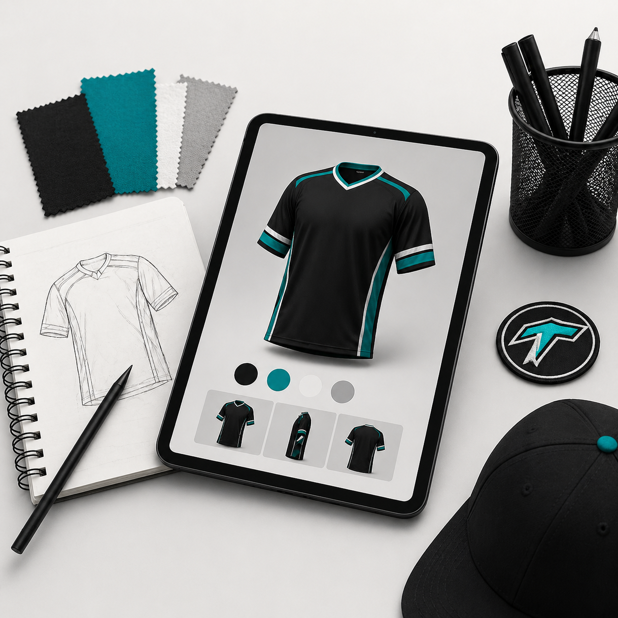 Tablet displaying a black sports jersey design on a white surface with fabric swatches and a cap.