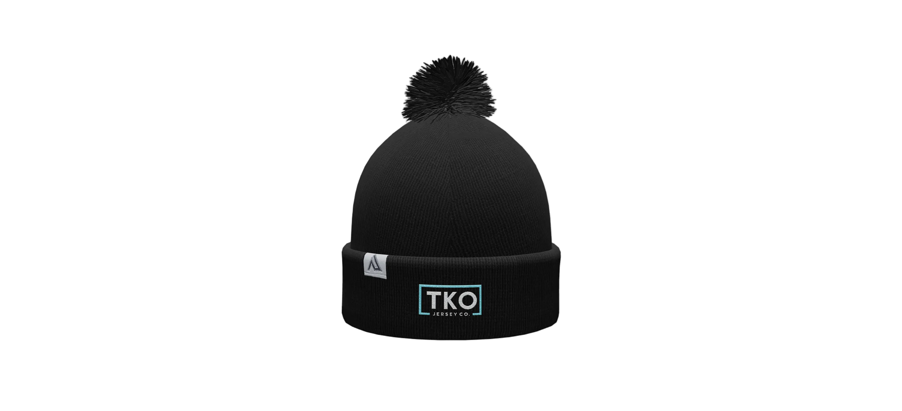 Black beanie with pom-pom and TKO logo on a white background