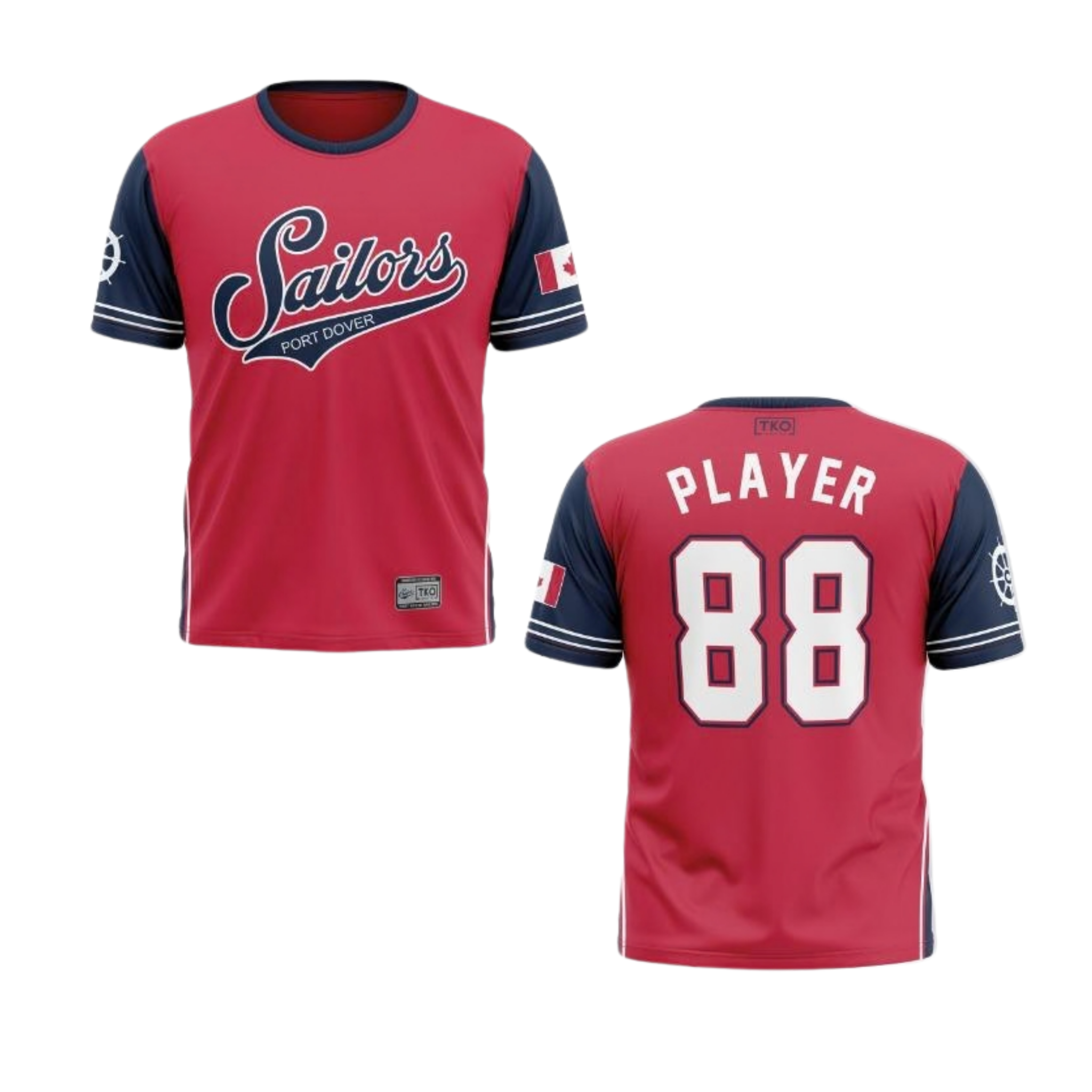 Red and navy baseball jersey with 'Sailors' logo and 'Player 88' on a white background