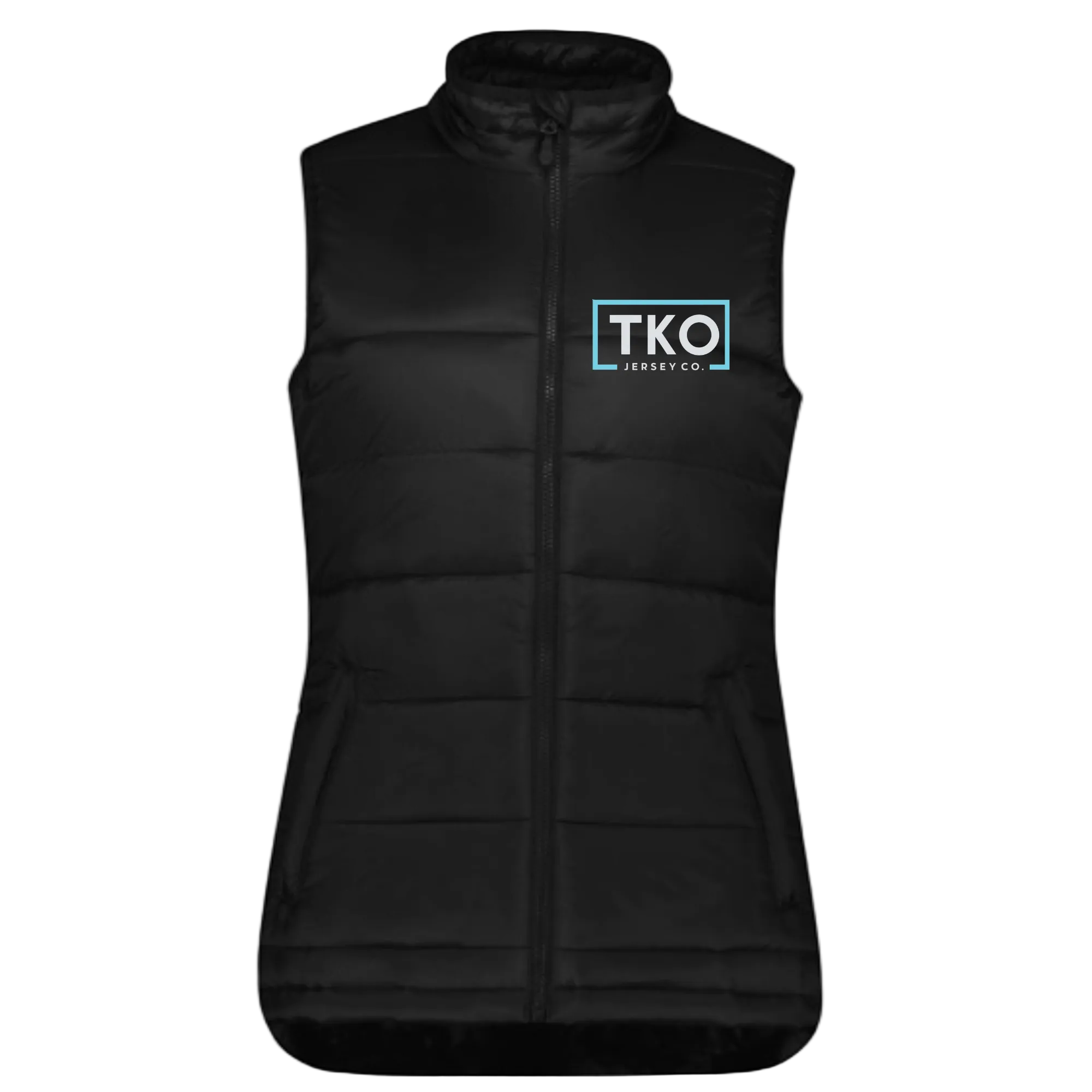 Black puffer vest with TKO logo on a white background