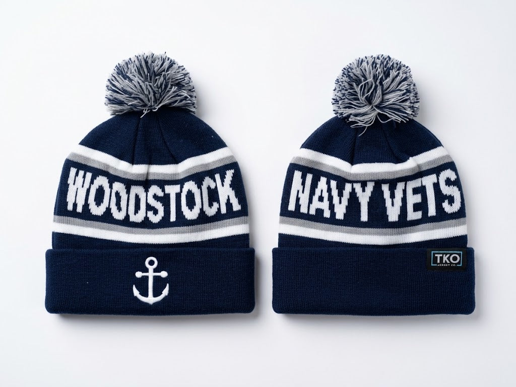 Woodstock Jr Navy Vets Elite Beanie | Pom Stripe