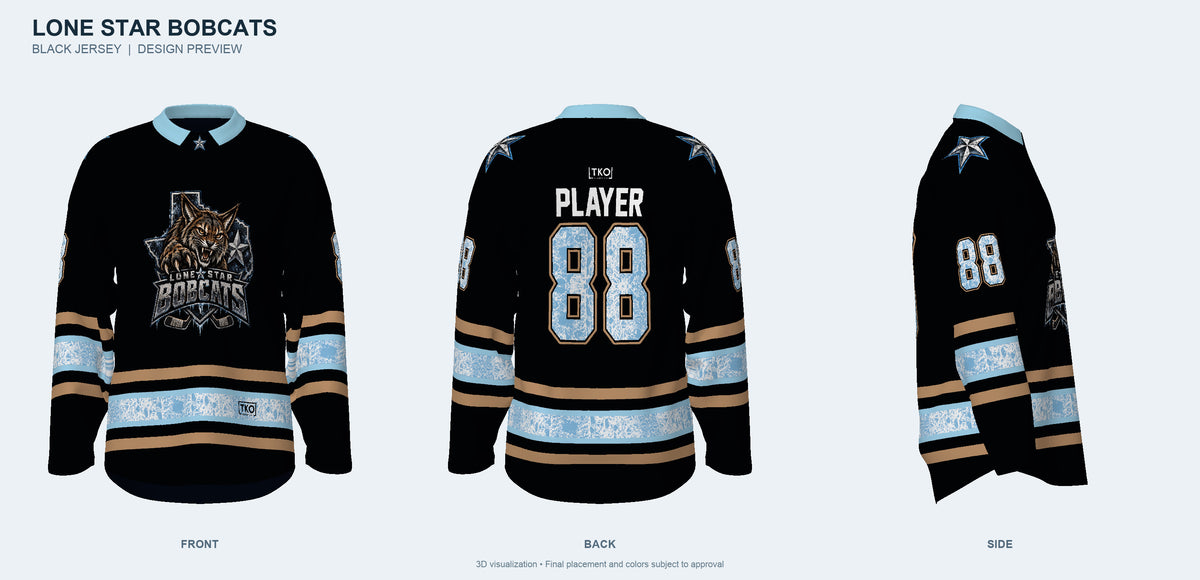 Lone Star Bobcats black jersey design preview - front, back and side