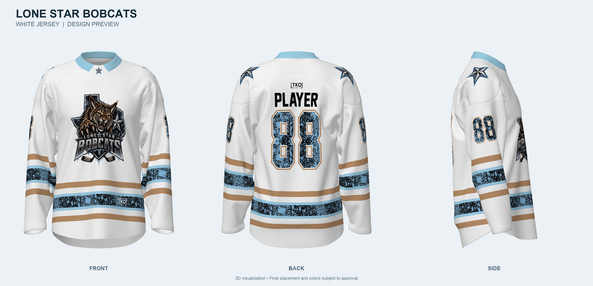 Lone Star Bobcats white jersey design preview - front, back and side