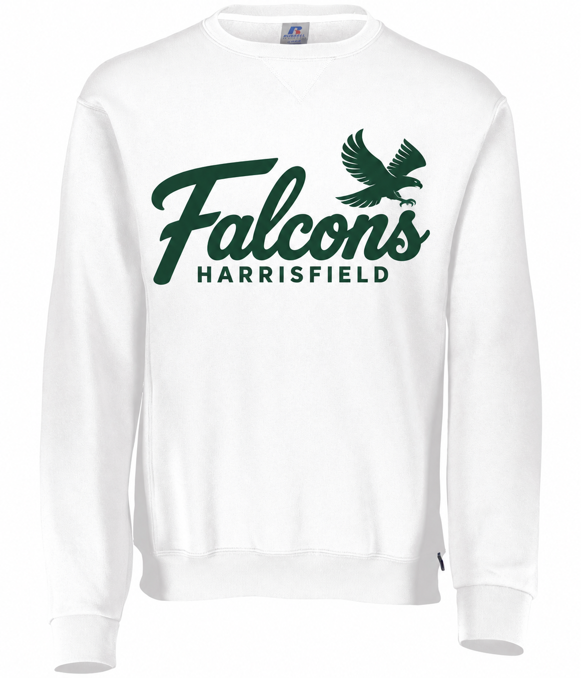 Harrisfield Falcons Adult Russell Dri-Power Fleece Crew Sweatshirt | White | Large Logo